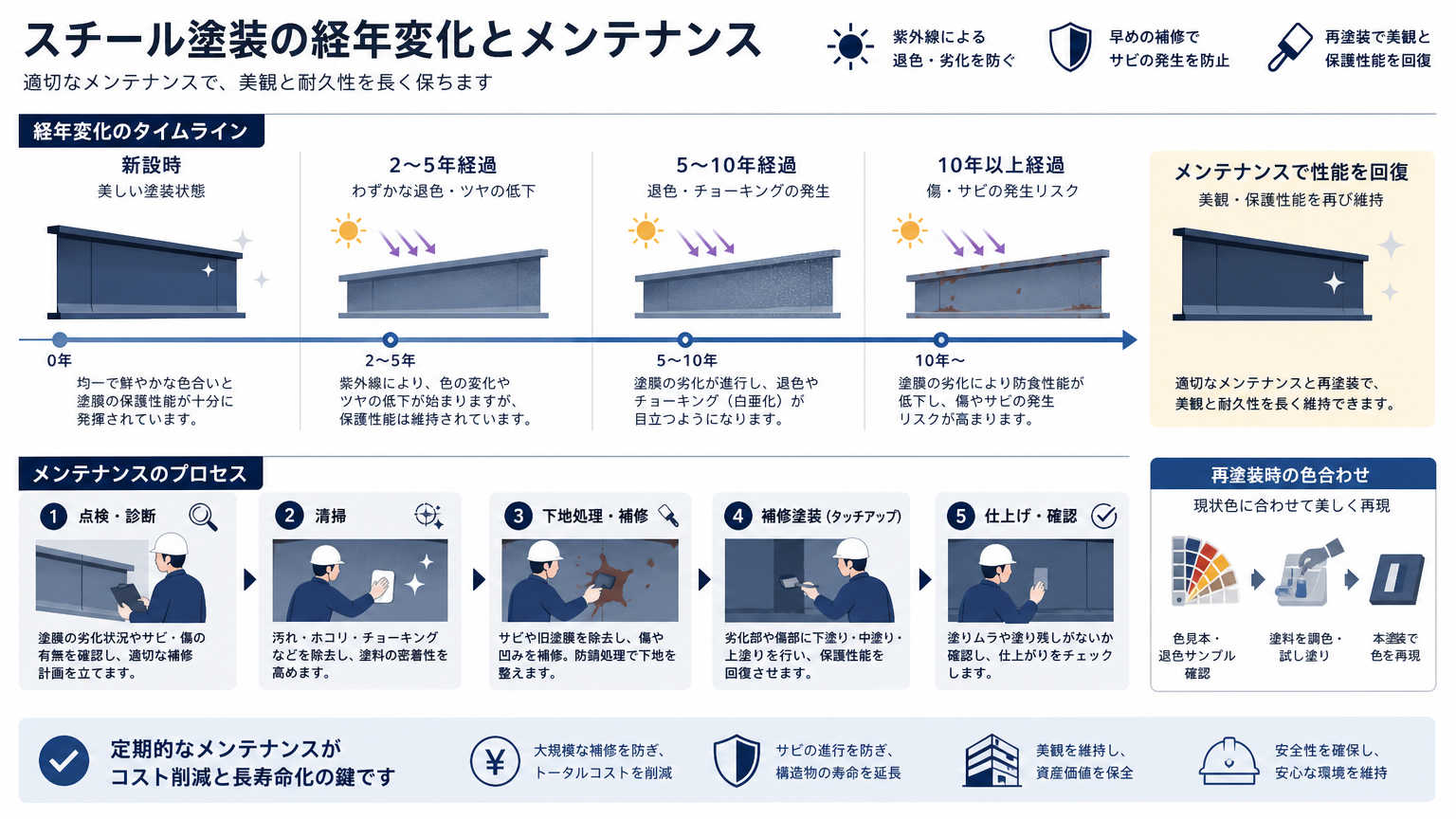 スチールの塗装色のメンテナンスと経年変化