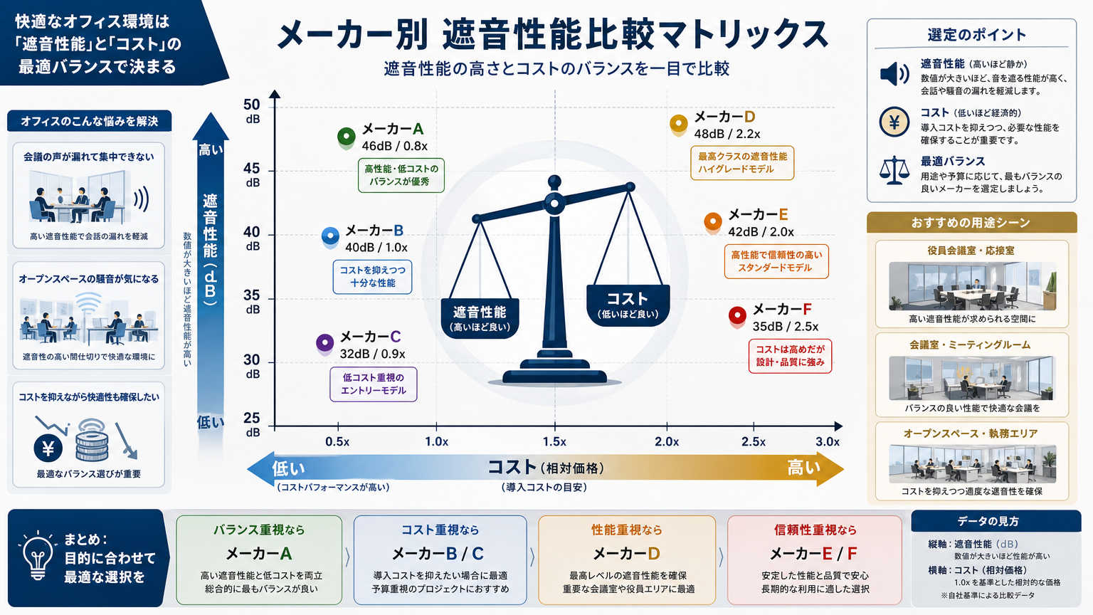 主要メーカーのパーテーション遮音性能比較